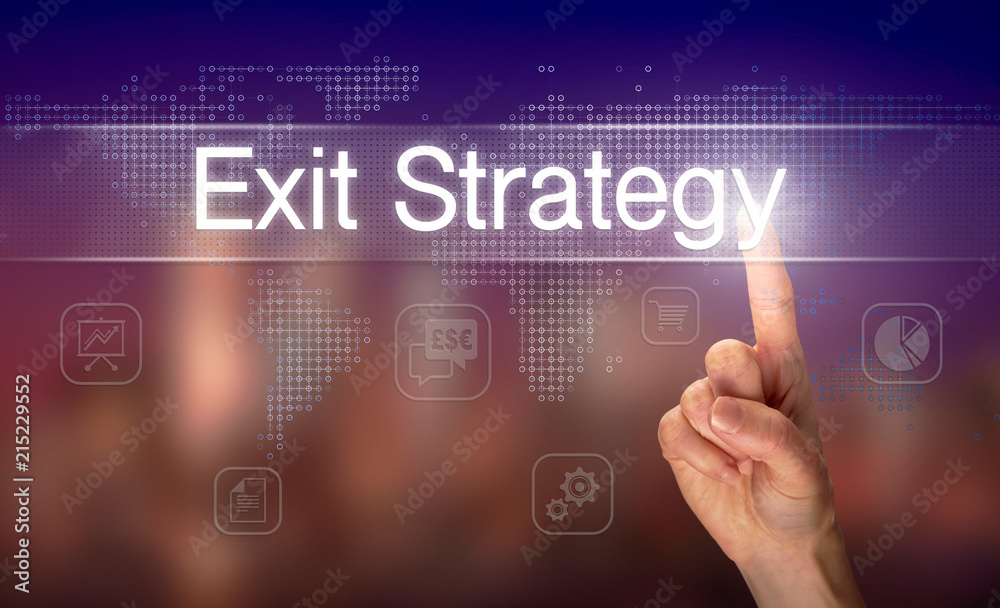 A hand selecting a Exit Strategy business concept on a clear screen with a colorful blurred background. A hand selecting a Exit Strategy business concept on a clear screen with a colorful blurred background.
