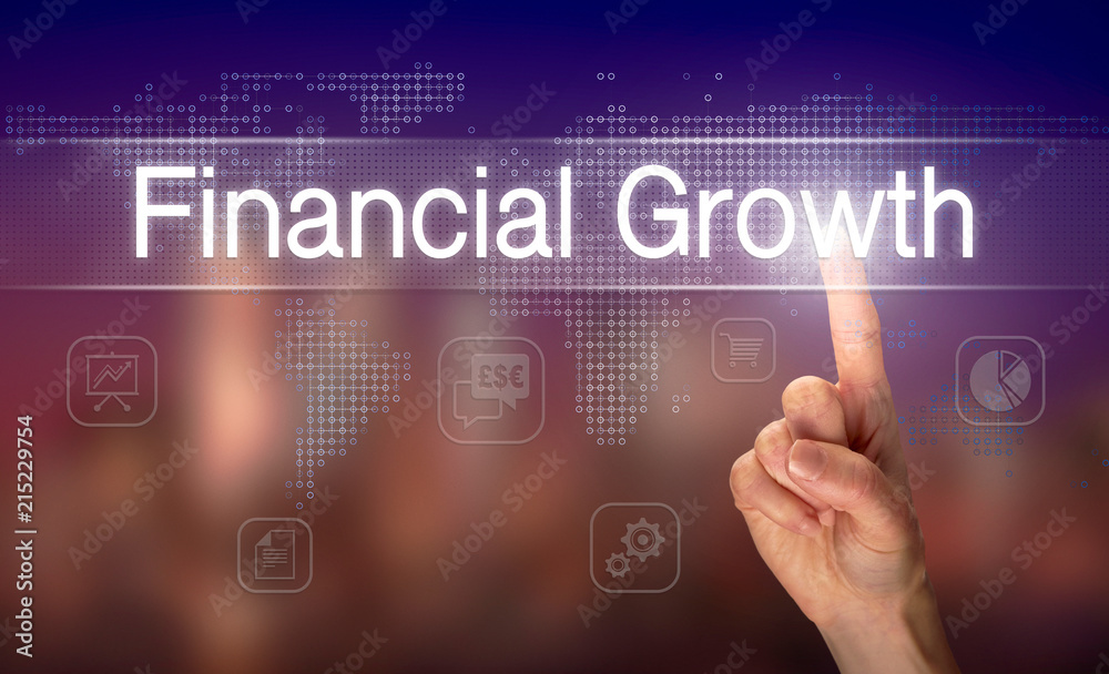 A hand selecting a Financial Growth business concept on a clear screen with a colorful blurred background. A hand selecting a Financial Growth business concept on a clear screen with a colorful blurred background.