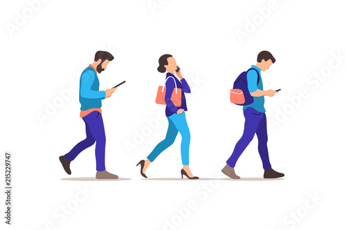 Young people walking. Humans strolling with smartphones, addicted to social networks and digital devices. Vector illustration.