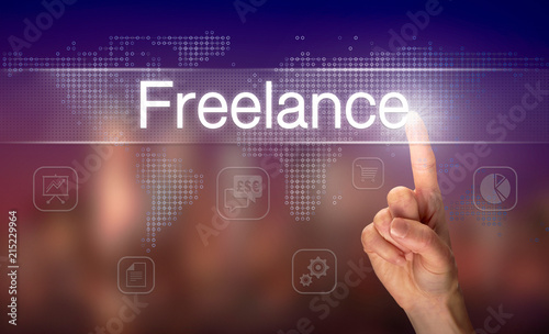 A hand selecting a Freelance business concept on a clear screen with a colorful blurred background.