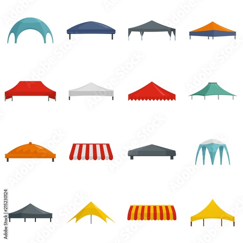 Canopy shed overhang icons set. Flat illustration of 16 canopy shed overhang vector icons isolated on white