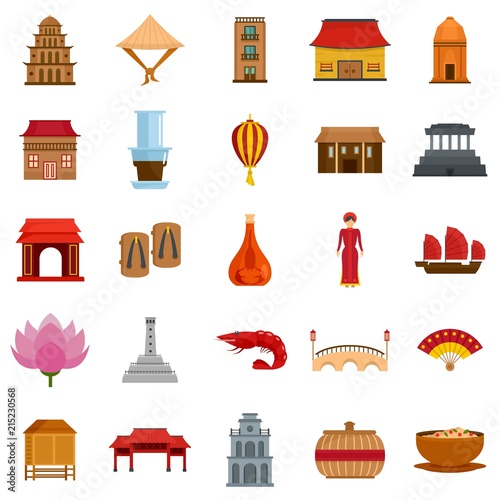 Vietnam travel tourism icons set. Flat illustration of 25 Vietnam travel tourism vector icons isolated on white