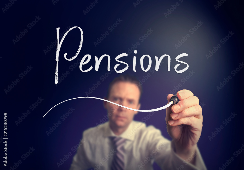 A businessman writing a pensions concept with a white pen on a clear screen. A businessman writing a pensions concept with a white pen on a clear screen.
