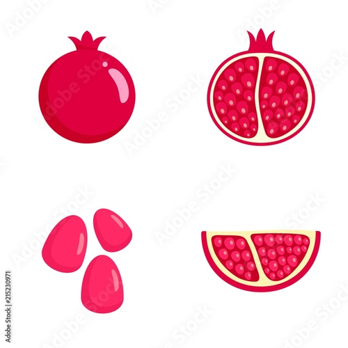 Pomegranate juice seeds garnet icons set. Flat illustration of 4 pomegranate juice seeds garnet vector icons isolated on white