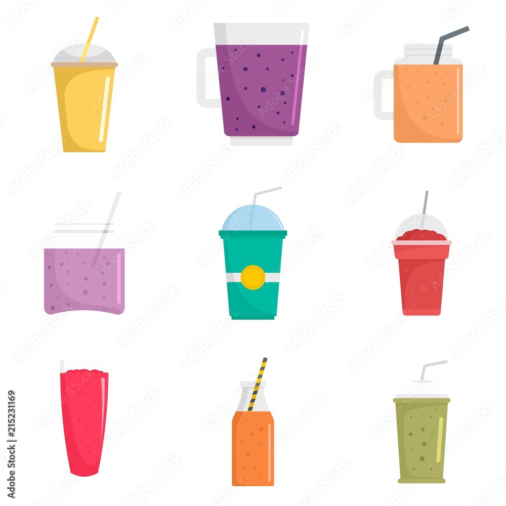 Smoothie milkshake fruit juice icons set. Flat illustration of 9 smoothie milkshake fruit juice vector icons isolated on white Smoothie milkshake fruit juice icons set. Flat illustration of 9 smoothie milkshake fruit juice vector icons isolated on white