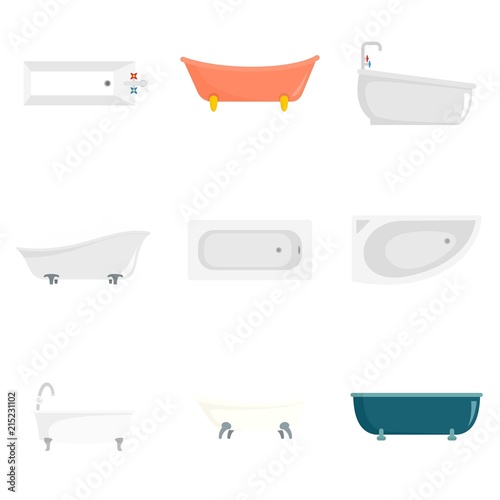 Bathtub interior icons set. Flat illustration of 9 bathtub interior vector icons isolated on white