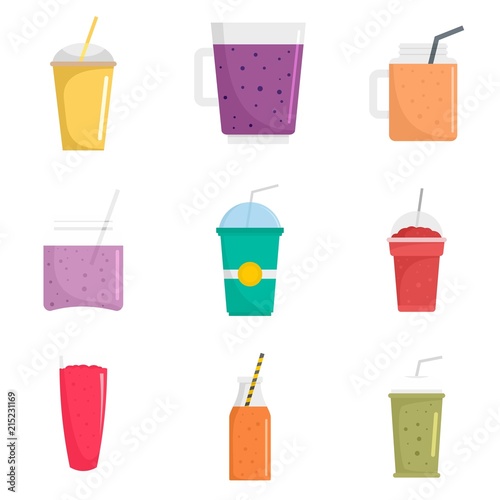 Smoothie milkshake fruit juice icons set. Flat illustration of 9 smoothie milkshake fruit juice vector icons isolated on white