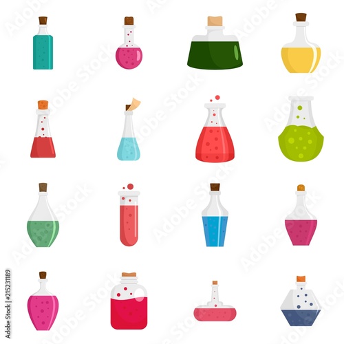 Potion magic bottle icons set. Flat illustration of 16 potion magic bottle vector icons isolated on white