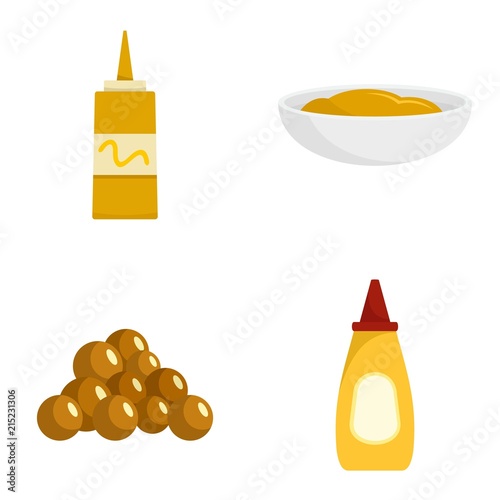 Mustard seeds sauce bottle icons set. Flat illustration of 4 mustard seeds sauce bottle vector icons isolated on white