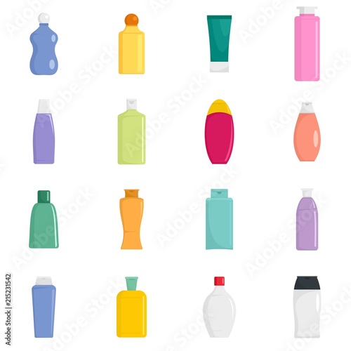 Shampoo bottle hair body washing soap care icons set. Flat illustration of 16 shampoo bottle hair body washing soap care vector icons isolated on white