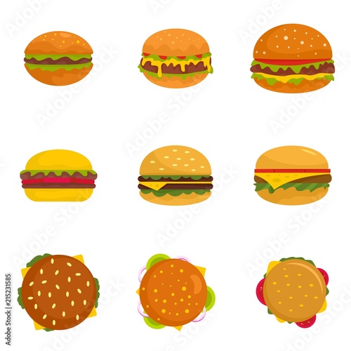 Burger sandwich bread bun icons set. Flat illustration of 9 burger sandwich bread bun vector icons isolated on white