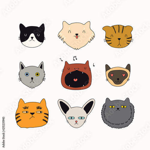 Set of cute funny color doodles of different cats faces. Isolated objects on white background. Hand drawn vector illustration. Line drawing. Design concept for poster, t-shirt, fashion print.