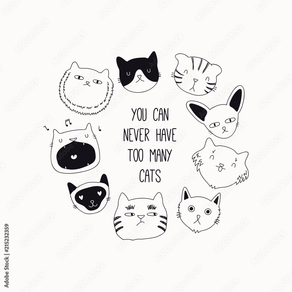 Set of cute funny stickers with color doodles of different cats with  quotes. Isolated objects. Hand drawn vector illustration. Line drawing.  Design concept for print, logo, icon, badge, label, patch. Stock Vector