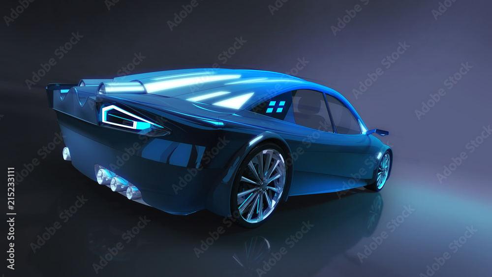 blue elegant car in dark illuminated studio blue elegant car in dark illuminated studio
