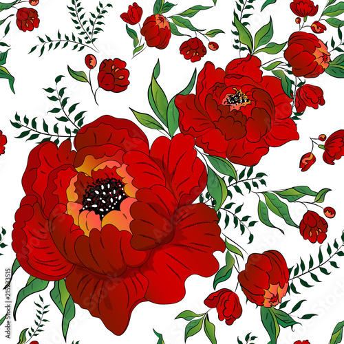 Fototapeta Naklejka Na Ścianę i Meble -  Vector illustration of seamless pattern with decorative floral ornament of scarlet flowers 