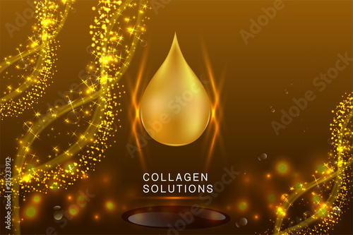Gold Collagen Serum drop, cosmetic advertising background ready to use, luxury skin care ad, illustration vector.