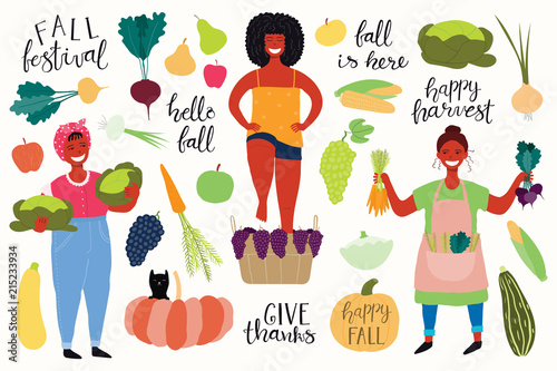 Big autumn harvest set with beautiful funny women picking cabbages, beets, carrots, stomping grapes, quotes, fruits, vegetables. Isolated objects on white background. Vector illustration. Flat design.