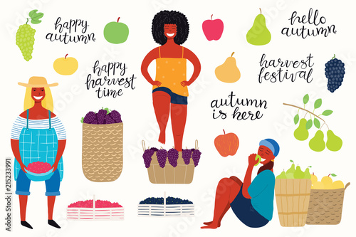 Big autumn harvest set with beautiful funny women picking cranberries, apples, pears, stomping grapes, quotes, fruits, berries. Isolated objects on white background. Vector illustration. Flat design.