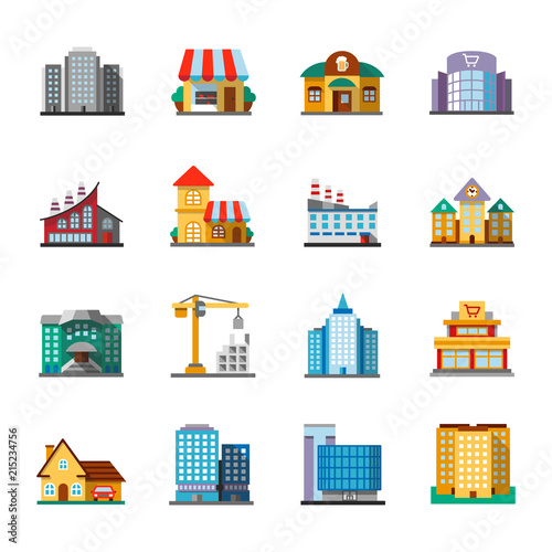 City buildings flat design long shadow color icons set