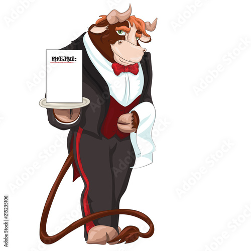 Vector illustration of bull in tuxedo of waiter holding a tray with menu inviting to restaurant on isolated white background