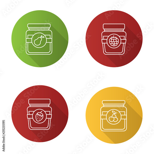 Fruit preserves flat linear long shadow icons set
