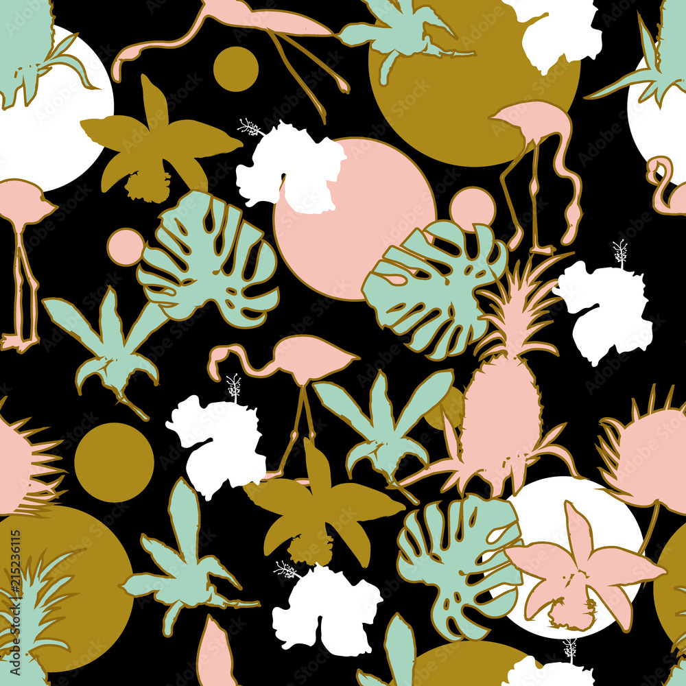 Naklejka premium Seamless hand drawn botanical exotic vector pattern with flamingos, orchids and leaves silhouette on dark background.