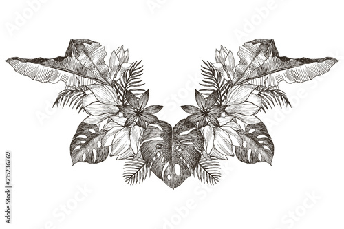 Vintage frame border monogram tropical floral ornament. Engraved retro flower decorative design. Beautiful botanical decorative element for wedding invitation, logo, tattoo. Vector design