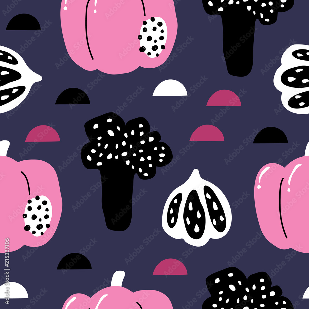 vector seamless background patterns in Scandinavian style,cartoon cute vegetables  and elements for fabric design, wrapping paper, notebooks covers
