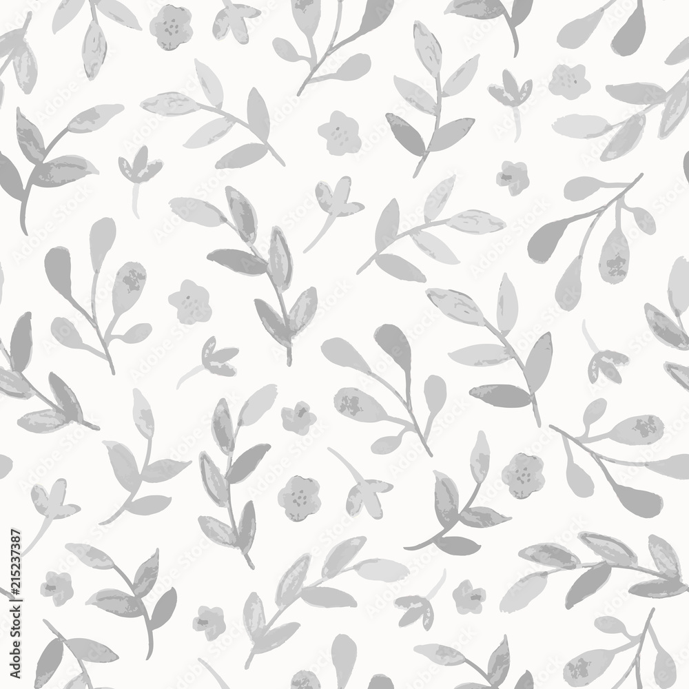 Seamless watercolor floral pattern with branches and leaves. Subtle monochrome hand drawn vector background.