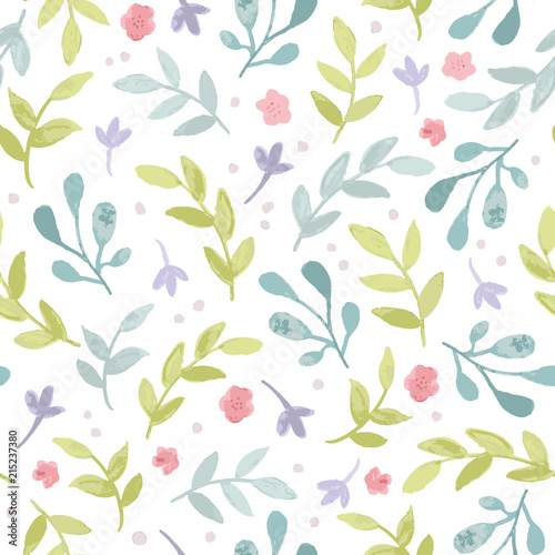 Watercolor seamless pattern with branches, leaves and flowers. Vector hand drawn spring background in pastel colors.