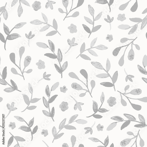 Seamless watercolor floral pattern with branches and leaves. Subtle monochrome hand drawn vector background.