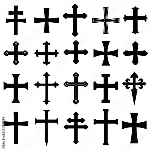 Christian crosses icons set. Different forms. Isolated on a white background. Vector illustration.