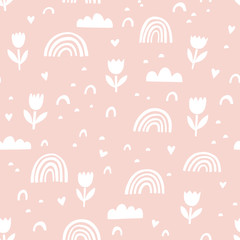 Fotobehang Uit de natuur patronen Regenboog bloemen en wolkjes doodle  © mgdrachal