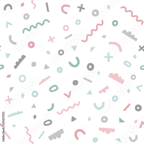 Cute memphis geometric pattern. Abstract vector seamless background. Hand drawn geometric figures in pastel colors.