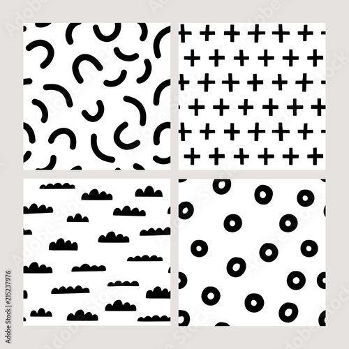 Vector seamless patterns set. Hand drawn abstract geometric backgrounds. Trendy graphic textures with lines, curves, dots, clouds, pluses. 