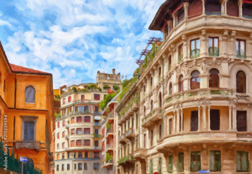 Painting on canvas with the image of the Milan street in the summer, Italy
