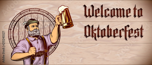 Invitation flyer with lettering Welcome to Oktoberfest and copy space on wooden background. Man raise up hand with beer mug with foamy lager. Template design card, leaflet. Vector vintage illustration