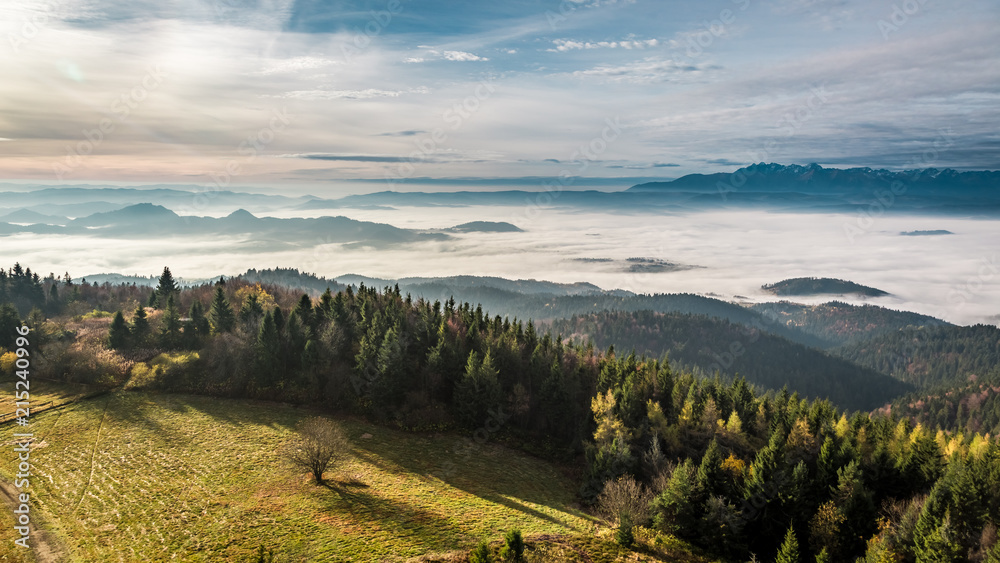 Beautiful view to Tatras at sunrise in autumn, Poland