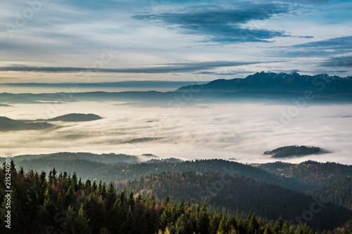 Foggy and cold sunrise in the Tatra Mountains in autumn