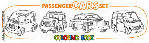 Funny small city cars with eyes. Coloring book set