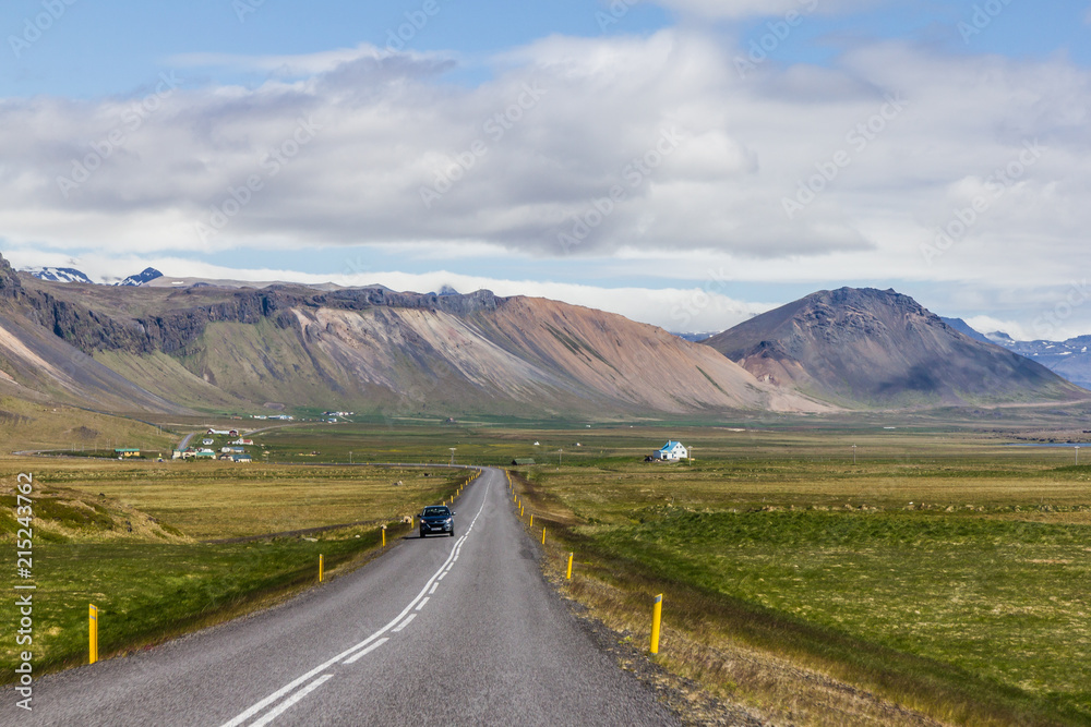 Naklejka premium Amazing Iceland. Travel, have fun, enjoy, explore, discover. Road number one leads around the whole island and is beautiful in any weather. Beautiful landscape all around. Adventure awaits everywhere.