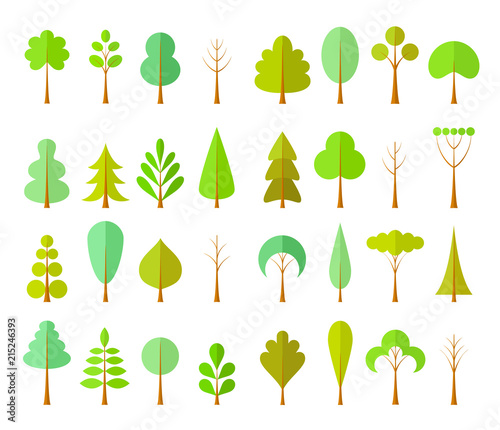 Set of different trees in a flat style. Constructor of the forest, park or garden. Vector illustration. Plants for map creator.