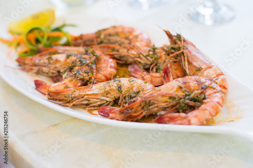 Beautiful and very tasty royal prawns in a restaurant.