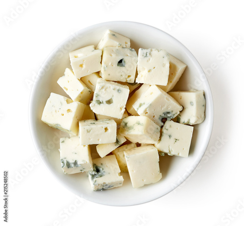 Bowl of blue cheese isolated on white, from above