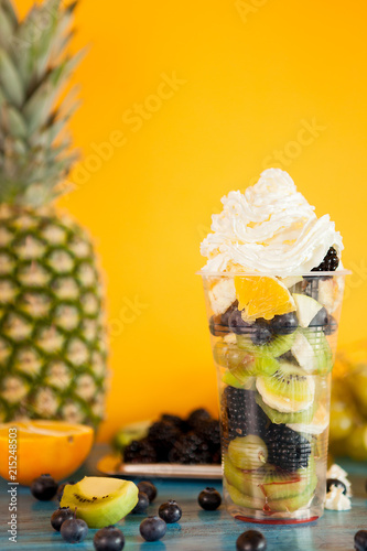 Bowl of fresh summer mixed fruits. Homemade fuits refreshment