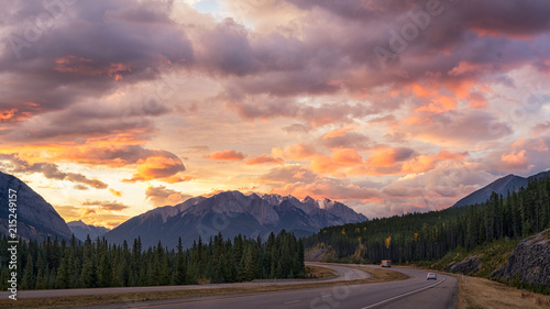 Colorful Sunrise from the Trans Canada Highway driving south towards Ban