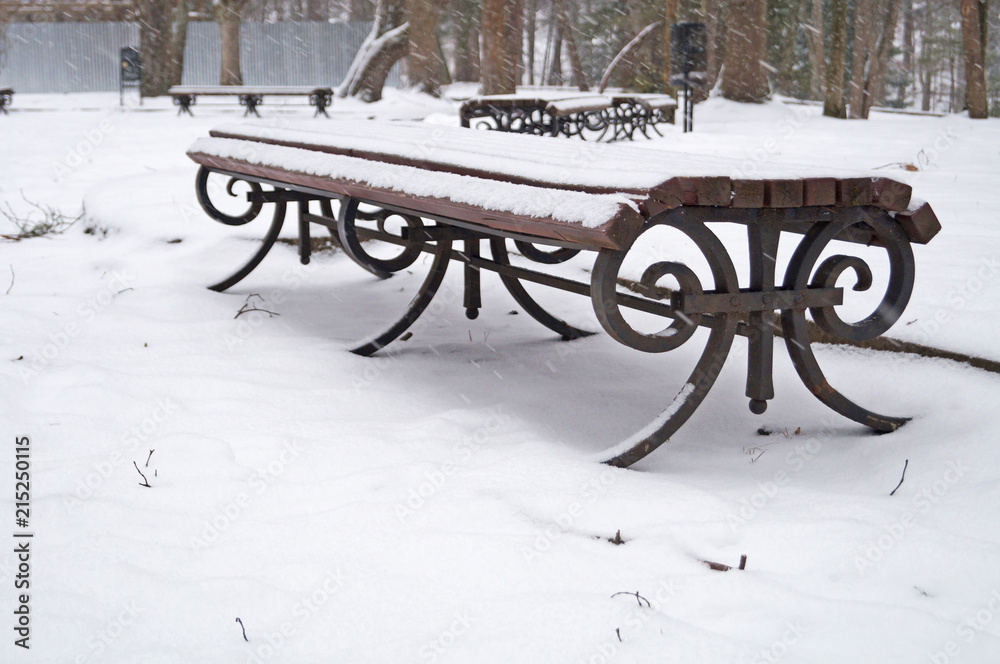 A bench in a winter park covered with snow on a winter day