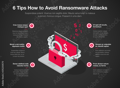 Simple infographic for 6 tips how to avoid ransomware attacks with laptop, red padlock and chain isolated on dark background. Easy to use for your website or presentation. photo