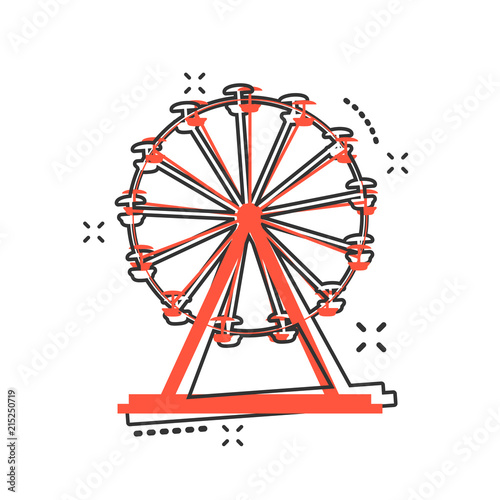 Vector cartoon ferris wheel icon in comic style. Carousel in park sign illustration pictogram. Amusement ride business splash effect concept.