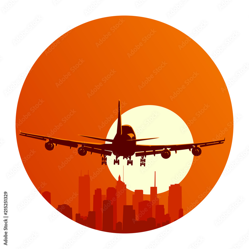 Fototapeta Round logo illustration of flying airplane at sunset.
